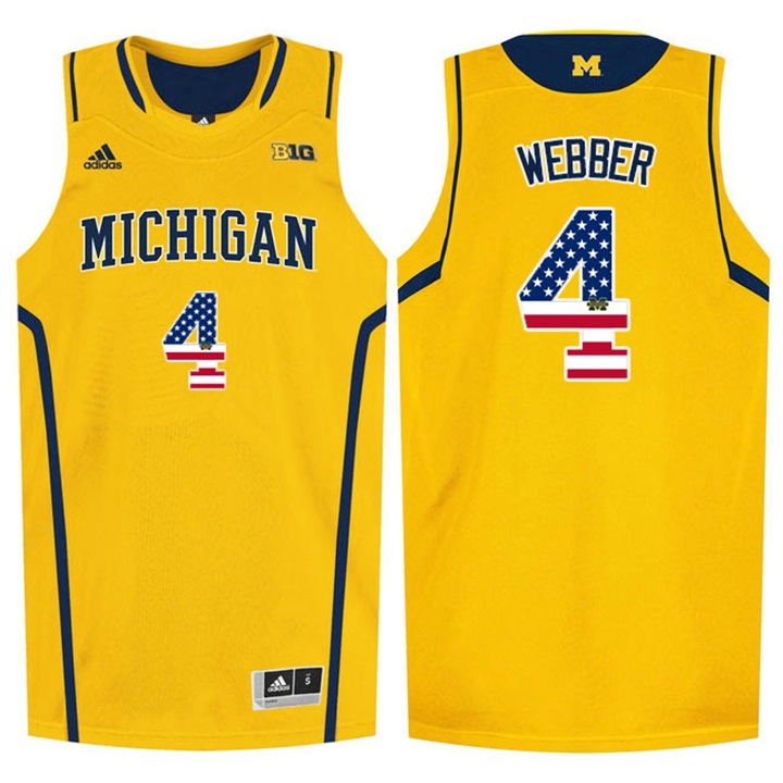 Michigan Wolverines Men's NCAA Chirs Webber #4 Yellow USA Flag College Basketball Jersey UDO3349CM